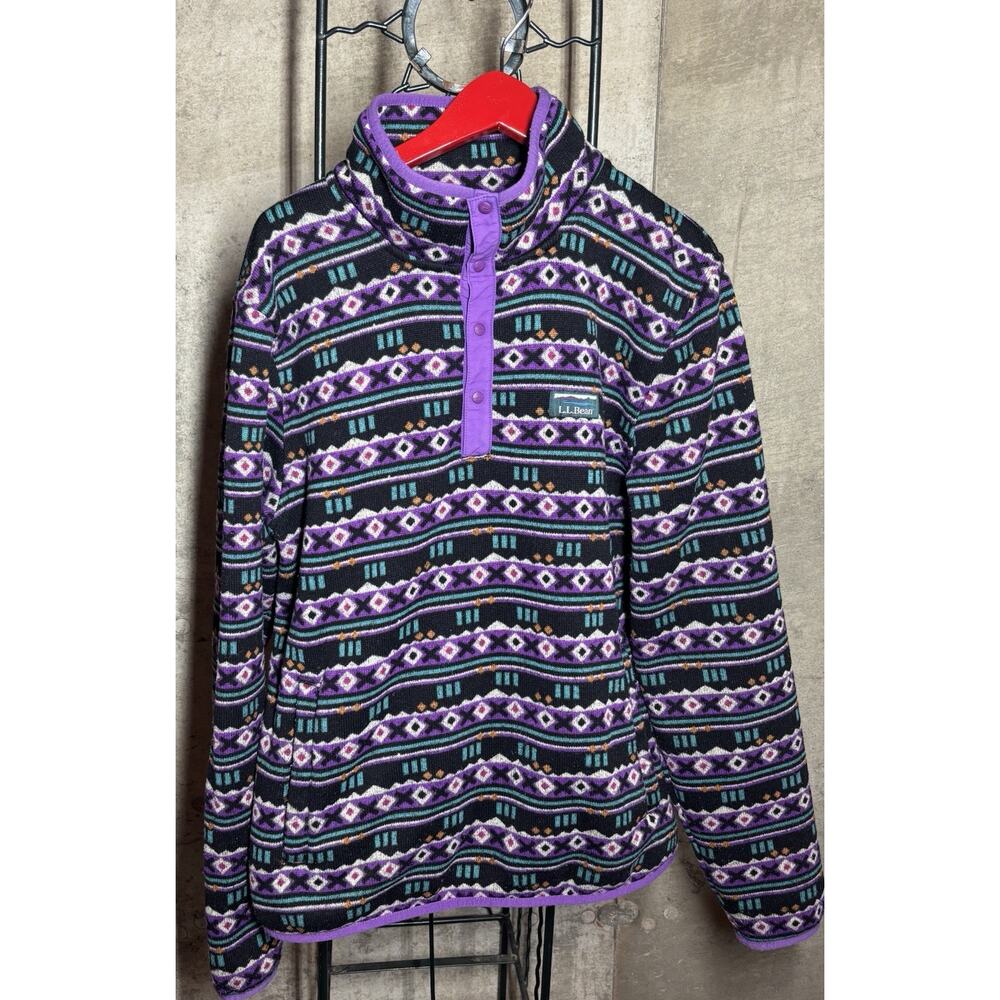VTG LL Bean Men M Fleece Snap Pullover Aztec Purple 90s Retro CabinCore Ski Hike